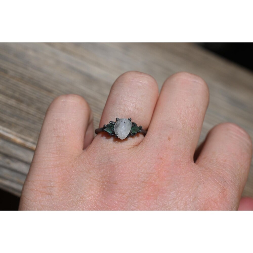 Moonstone and Emerald ring in oxidized sterling silver with rough gemstones